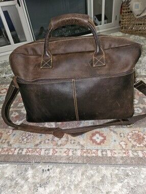 KATTEE Large Leather Brief Case/Satchel/Messenger Brown w/Shoulder Strap
